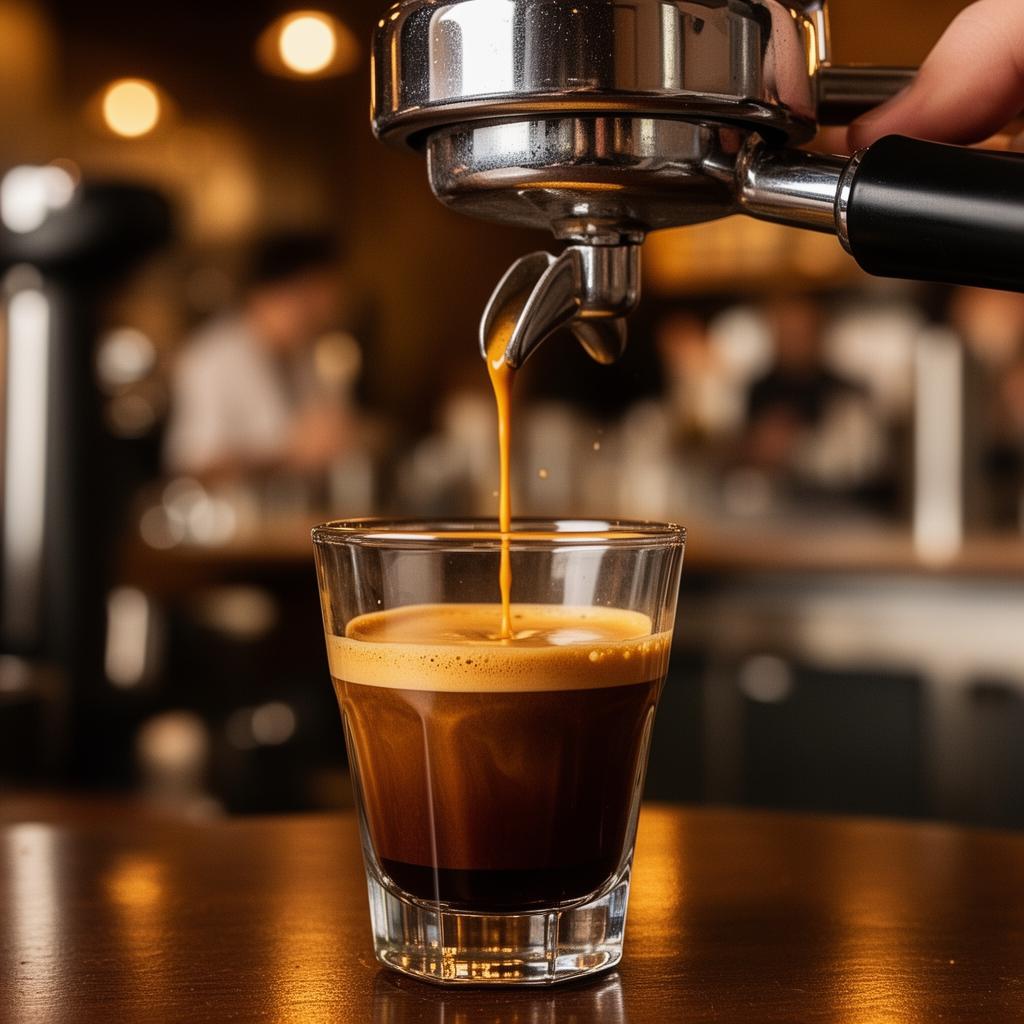 Espresso pouring from a portafilter into a cup